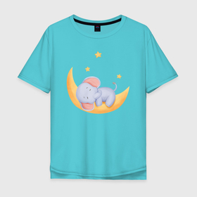 Мужская футболка хлопок Oversize с принтом Милый Слонёнок Спит На Месяце Среди Звёзд в Кировске, 100% хлопок | свободный крой, круглый ворот, “спинка” длиннее передней части | animals | beast | cute | животные | звёзды | звери | месяц | милый | слон | слонёнок