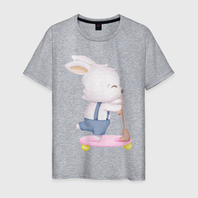 Мужская футболка хлопок с принтом Милый Крольчонок Едет На Самокате , 100% хлопок | прямой крой, круглый вырез горловины, длина до линии бедер, слегка спущенное плечо. | animals | beast | cute | hare | rabbit | животные | заяц | звери | кролик | крольчонок | милый | самокат