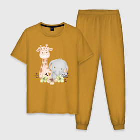 Мужская пижама хлопок с принтом Милый Жирафик и Слонёнок Сидят Среди Цветов в Белгороде, 100% хлопок | брюки и футболка прямого кроя, без карманов, на брюках мягкая резинка на поясе и по низу штанин
 | animals | beast | cute | giraffe | животные | жираф | жирафик | звери | милый | слон | слонёнок | цветы