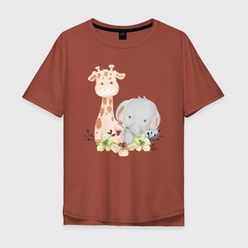 Мужская футболка хлопок Oversize с принтом Милый Жирафик и Слонёнок Сидят Среди Цветов в Белгороде, 100% хлопок | свободный крой, круглый ворот, “спинка” длиннее передней части | Тематика изображения на принте: animals | beast | cute | giraffe | животные | жираф | жирафик | звери | милый | слон | слонёнок | цветы