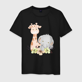 Мужская футболка хлопок с принтом Милый Жирафик и Слонёнок Сидят Среди Цветов в Белгороде, 100% хлопок | прямой крой, круглый вырез горловины, длина до линии бедер, слегка спущенное плечо. | Тематика изображения на принте: animals | beast | cute | giraffe | животные | жираф | жирафик | звери | милый | слон | слонёнок | цветы