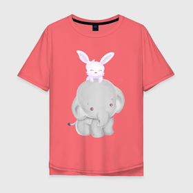 Мужская футболка хлопок Oversize с принтом Милый Слонёнок и Крольчонок в Новосибирске, 100% хлопок | свободный крой, круглый ворот, “спинка” длиннее передней части | animals | beast | cute | hare | rabbit | животные | заяц | звери | кролик | крольчонок | милый | слон | слонёнок