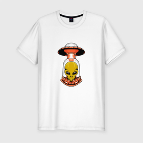 Мужская футболка хлопок Slim с принтом THE ARRIVAL OF AN ALIEN в Белгороде, 92% хлопок, 8% лайкра | приталенный силуэт, круглый вырез ворота, длина до линии бедра, короткий рукав | галактика | гуманоид | забавный | космос | летающая тарелка | нло