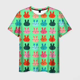 Мужская футболка 3D с принтом FUNNY BUNNIES в Санкт-Петербурге, 100% полиэфир | прямой крой, круглый вырез горловины, длина до линии бедер | Тематика изображения на принте: животные | забавный | зеленый | кролик | милый | очаровательный | розовый | синий