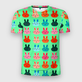 Мужская футболка 3D Slim с принтом FUNNY BUNNIES в Белгороде, 100% полиэстер с улучшенными характеристиками | приталенный силуэт, круглая горловина, широкие плечи, сужается к линии бедра | животные | забавный | зеленый | кролик | милый | очаровательный | розовый | синий