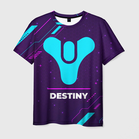 Мужская футболка 3D с принтом Символ Destiny в неоновых цветах на темном фоне , 100% полиэфир | прямой крой, круглый вырез горловины, длина до линии бедер | Тематика изображения на принте: destiny | logo | neon | дестини | игра | игры | лого | логотип | неон | символ