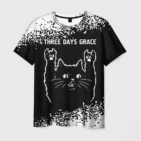 Мужская футболка 3D с принтом Группа Three Days Grace и Рок Кот в Курске, 100% полиэфир | прямой крой, круглый вырез горловины, длина до линии бедер | band | days | grace | metal | rock | three | three days grace | грейс | группа | дэйс | кот | краска | рок | рок кот | спрей | три