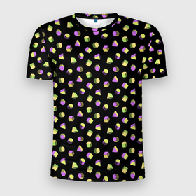 Мужская футболка 3D Slim с принтом Объемные цветные геометрические фигуры в Екатеринбурге, 100% полиэстер с улучшенными характеристиками | приталенный силуэт, круглая горловина, широкие плечи, сужается к линии бедра | Тематика изображения на принте: 3д | абстракция | геометрические | желтый | зеленый | кубик | много | многоугольник | разброс | розовый | фигуры | цилиндр