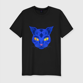 Мужская футболка хлопок Slim с принтом Иллюстрация неоновой кошки в Санкт-Петербурге, 92% хлопок, 8% лайкра | приталенный силуэт, круглый вырез ворота, длина до линии бедра, короткий рукав | голова | голова кота | голова кошки | иллюстрация | кот | кошка | неоновая кошка | неоновый кот | портрет | синяя кошка