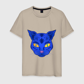 Мужская футболка хлопок с принтом Иллюстрация неоновой кошки в Новосибирске, 100% хлопок | прямой крой, круглый вырез горловины, длина до линии бедер, слегка спущенное плечо. | голова | голова кота | голова кошки | иллюстрация | кот | кошка | неоновая кошка | неоновый кот | портрет | синяя кошка