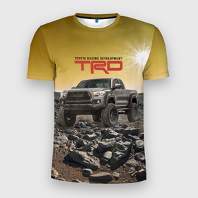 Мужская футболка 3D Slim с принтом Toyota Racing Development   Desert   Тойота в каменистой пустыне в Тюмени, 100% полиэстер с улучшенными характеристиками | приталенный силуэт, круглая горловина, широкие плечи, сужается к линии бедра | car | desert | heat | off road vehicle | power | stones | sun | toyota | автомобиль | внедорожник | жара | камни | мощь | пустыня | солнце | тойота