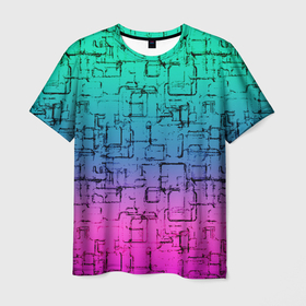 Мужская футболка 3D с принтом Абстрактный узор на розово бирюзовом градиентном фоне в Белгороде, 100% полиэфир | прямой крой, круглый вырез горловины, длина до линии бедер | abstract pattern | gradient | бирюзовый | градиент | полосы | розовый | синий