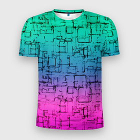 Мужская футболка 3D Slim с принтом Абстрактный узор на розово бирюзовом градиентном фоне в Санкт-Петербурге, 100% полиэстер с улучшенными характеристиками | приталенный силуэт, круглая горловина, широкие плечи, сужается к линии бедра | Тематика изображения на принте: abstract pattern | gradient | бирюзовый | градиент | полосы | розовый | синий