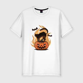 Мужская футболка хлопок Slim с принтом CAT ON A PUMPKIN в Санкт-Петербурге, 92% хлопок, 8% лайкра | приталенный силуэт, круглый вырез ворота, длина до линии бедра, короткий рукав | забавный | летучая мышь | магия | милый | праздник | призрак | страшный | тыква | хэллоуин | черный