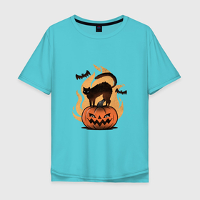 Мужская футболка хлопок Oversize с принтом CAT ON A PUMPKIN в Санкт-Петербурге, 100% хлопок | свободный крой, круглый ворот, “спинка” длиннее передней части | забавный | летучая мышь | магия | милый | праздник | призрак | страшный | тыква | хэллоуин | черный