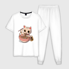 Мужская пижама хлопок с принтом CAT EATS NOODLES FROM A CUP в Санкт-Петербурге, 100% хлопок | брюки и футболка прямого кроя, без карманов, на брюках мягкая резинка на поясе и по низу штанин
 | еда | животное | лапша | миска | спагетти | чашка