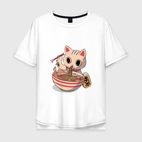 Мужская футболка хлопок Oversize с принтом CAT EATS NOODLES FROM A CUP в Санкт-Петербурге, 100% хлопок | свободный крой, круглый ворот, “спинка” длиннее передней части | еда | животное | лапша | миска | спагетти | чашка