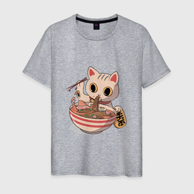 Мужская футболка хлопок с принтом CAT EATS NOODLES FROM A CUP в Екатеринбурге, 100% хлопок | прямой крой, круглый вырез горловины, длина до линии бедер, слегка спущенное плечо. | Тематика изображения на принте: еда | животное | лапша | миска | спагетти | чашка