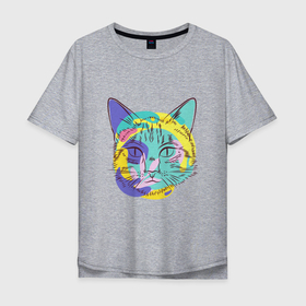 Мужская футболка хлопок Oversize с принтом COLORED CAT в Белгороде, 100% хлопок | свободный крой, круглый ворот, “спинка” длиннее передней части | домашние животные | забавный | красивый | красочный | милый | цветной