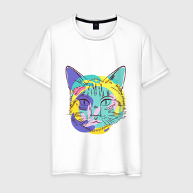 Мужская футболка хлопок с принтом COLORED CAT в Екатеринбурге, 100% хлопок | прямой крой, круглый вырез горловины, длина до линии бедер, слегка спущенное плечо. | домашние животные | забавный | красивый | красочный | милый | цветной