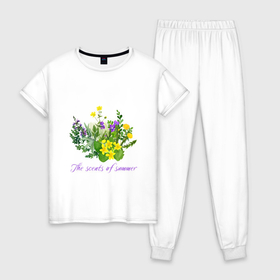 Женская пижама хлопок с принтом Ароматы лета полевые цветы лето в Тюмени, 100% хлопок | брюки и футболка прямого кроя, без карманов, на брюках мягкая резинка на поясе и по низу штанин | ароматы лета | ботаника | букет | летний | лето | луговые цветы | одуванчик | полевые цветы | растения | растительный | фиалка | цветочный | цветы