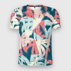 Мужская футболка 3D Slim с принтом Пальмы Паттерн в Петрозаводске, 100% полиэстер с улучшенными характеристиками | приталенный силуэт, круглая горловина, широкие плечи, сужается к линии бедра | летний | летний паттерн | летняя | на каждый день | на лето | пальма | текстура | узор