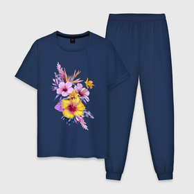 Мужская пижама хлопок с принтом Цветы Разноцветные Гибискусы в Новосибирске, 100% хлопок | брюки и футболка прямого кроя, без карманов, на брюках мягкая резинка на поясе и по низу штанин
 | flowers | букет | гибискус | природа | разноцветные | растение | синий | флора | цветы