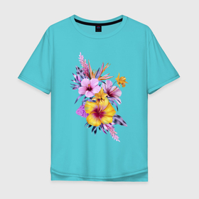 Мужская футболка хлопок Oversize с принтом Цветы Разноцветные Гибискусы , 100% хлопок | свободный крой, круглый ворот, “спинка” длиннее передней части | Тематика изображения на принте: flowers | букет | гибискус | природа | разноцветные | растение | синий | флора | цветы