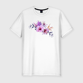 Мужская футболка хлопок Slim с принтом Цветы Розовые Гибискус в Тюмени, 92% хлопок, 8% лайкра | приталенный силуэт, круглый вырез ворота, длина до линии бедра, короткий рукав | flowers | букет | гибискус | природа | растение | розовый | синий | флора | цветы