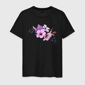 Мужская футболка хлопок с принтом Цветы Розовые Гибискус в Тюмени, 100% хлопок | прямой крой, круглый вырез горловины, длина до линии бедер, слегка спущенное плечо. | flowers | букет | гибискус | природа | растение | розовый | синий | флора | цветы