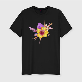 Мужская футболка хлопок Slim с принтом Цветы Оранжевый Гибискус в Тюмени, 92% хлопок, 8% лайкра | приталенный силуэт, круглый вырез ворота, длина до линии бедра, короткий рукав | flowers | букет | гибискус | оранжевый | природа | растение | синий | флора | цветы