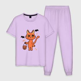 Мужская пижама хлопок с принтом CAT FOR HALLOWEEN в Петрозаводске, 100% хлопок | брюки и футболка прямого кроя, без карманов, на брюках мягкая резинка на поясе и по низу штанин
 | животное | летучая мышь | праздник | тыква | хэллоуин