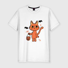 Мужская футболка хлопок Slim с принтом CAT FOR HALLOWEEN в Петрозаводске, 92% хлопок, 8% лайкра | приталенный силуэт, круглый вырез ворота, длина до линии бедра, короткий рукав | животное | летучая мышь | праздник | тыква | хэллоуин