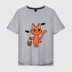 Мужская футболка хлопок Oversize с принтом CAT FOR HALLOWEEN в Санкт-Петербурге, 100% хлопок | свободный крой, круглый ворот, “спинка” длиннее передней части | животное | летучая мышь | праздник | тыква | хэллоуин