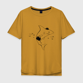 Мужская футболка хлопок Oversize с принтом Акула вывожук в Санкт-Петербурге, 100% хлопок | свободный крой, круглый ворот, “спинка” длиннее передней части | Тематика изображения на принте: акула | алигория | животные | мем | морские жители | прикол | работа | рыбы