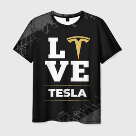 Мужская футболка 3D с принтом Tesla Love Classic со следами шин на фоне в Курске, 100% полиэфир | прямой крой, круглый вырез горловины, длина до линии бедер | Тематика изображения на принте: auto | brand | logo | love | symbol | tesla | авто | бренд | илон | лого | маск | символ | следы | тесла | шины