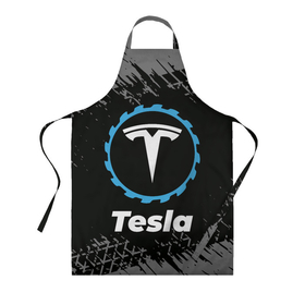 Фартук 3D с принтом Tesla в стиле Top Gear со следами шин на фоне в Курске, 100% полиэстер | общий размер — 65 х 85 см, ширина нагрудника — 26 см, горловина — 53 см, длина завязок — 54 см, общий обхват в поясе — 173 см. Принт на завязках и на горловине наносится с двух сторон, на основной части фартука — только с внешней стороны | auto | brand | gear | logo | symbol | tesla | top | авто | бренд | гир | илон | лого | маск | символ | следы | тесла | топ | шин | шины