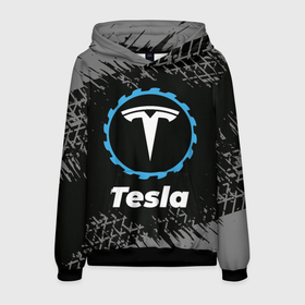 Мужская толстовка 3D с принтом Tesla в стиле Top Gear со следами шин на фоне в Санкт-Петербурге, 100% полиэстер | двухслойный капюшон со шнурком для регулировки, мягкие манжеты на рукавах и по низу толстовки, спереди карман-кенгуру с мягким внутренним слоем. | auto | brand | gear | logo | symbol | tesla | top | авто | бренд | гир | илон | лого | маск | символ | следы | тесла | топ | шин | шины