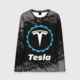 Мужской лонгслив 3D с принтом Tesla в стиле Top Gear со следами шин на фоне , 100% полиэстер | длинные рукава, круглый вырез горловины, полуприлегающий силуэт | Тематика изображения на принте: auto | brand | gear | logo | symbol | tesla | top | авто | бренд | гир | илон | лого | маск | символ | следы | тесла | топ | шин | шины