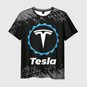 Мужская футболка 3D с принтом Tesla в стиле Top Gear со следами шин на фоне в Екатеринбурге, 100% полиэфир | прямой крой, круглый вырез горловины, длина до линии бедер | auto | brand | gear | logo | symbol | tesla | top | авто | бренд | гир | илон | лого | маск | символ | следы | тесла | топ | шин | шины