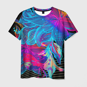Мужская футболка 3D с принтом Пёстрые цветы в Екатеринбурге, 100% полиэфир | прямой крой, круглый вырез горловины, длина до линии бедер | полоски | синий | цыеты | черный