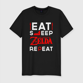 Мужская футболка хлопок Slim с принтом Надпись Eat Sleep Zelda Repeat в Екатеринбурге, 92% хлопок, 8% лайкра | приталенный силуэт, круглый вырез ворота, длина до линии бедра, короткий рукав | eat sleep repeat | legend | logo | the | zelda | зельда | игра | игры | легенд | лого | логотип | символ