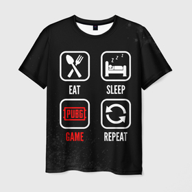 Мужская футболка 3D с принтом Eat, Sleep, PUBG, Repeat в Санкт-Петербурге, 100% полиэфир | прямой крой, круглый вырез горловины, длина до линии бедер | battlegrounds | eat sleep repeat | logo | pubg | батлграунт | игра | игры | краска | краски | лого | логотип | пабг | символ