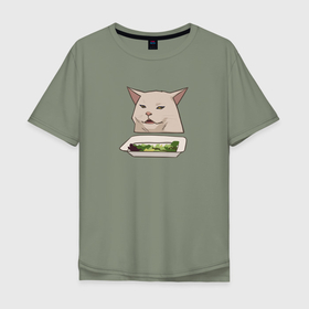 Мужская футболка хлопок Oversize с принтом Кот с салатом из мема в Курске, 100% хлопок | свободный крой, круглый ворот, “спинка” длиннее передней части | 