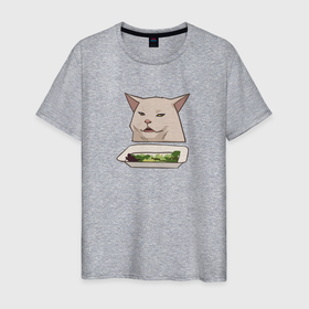 Мужская футболка хлопок с принтом Кот с салатом из мема в Санкт-Петербурге, 100% хлопок | прямой крой, круглый вырез горловины, длина до линии бедер, слегка спущенное плечо. | 