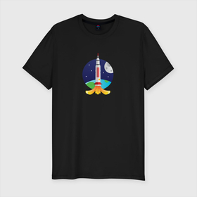 Мужская футболка хлопок Slim с принтом Ракета в космосе в Екатеринбурге, 92% хлопок, 8% лайкра | приталенный силуэт, круглый вырез ворота, длина до линии бедра, короткий рукав | астрономия | космос | луна | планета | ракета