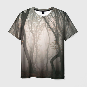 Мужская футболка 3D с принтом Лес   Туман в Санкт-Петербурге, 100% полиэфир | прямой крой, круглый вырез горловины, длина до линии бедер | fog | forest | morning | лес | туман | утро