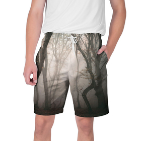 Мужские шорты 3D с принтом Лес   Туман ,  полиэстер 100% | прямой крой, два кармана без застежек по бокам. Мягкая трикотажная резинка на поясе, внутри которой широкие завязки. Длина чуть выше колен | Тематика изображения на принте: fog | forest | morning | лес | туман | утро