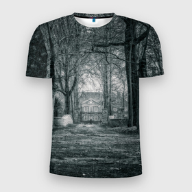 Мужская футболка 3D Slim с принтом Мрачный особняк в Петрозаводске, 100% полиэстер с улучшенными характеристиками | приталенный силуэт, круглая горловина, широкие плечи, сужается к линии бедра | house | дом | мрачный | особняк | страшный