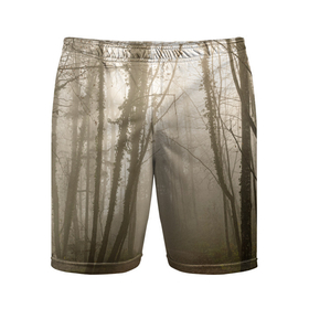 Мужские шорты спортивные с принтом Туманный лес на восходе в Санкт-Петербурге,  |  | fog | forest | morning | sun | восход | лес | солнце | туман | утро